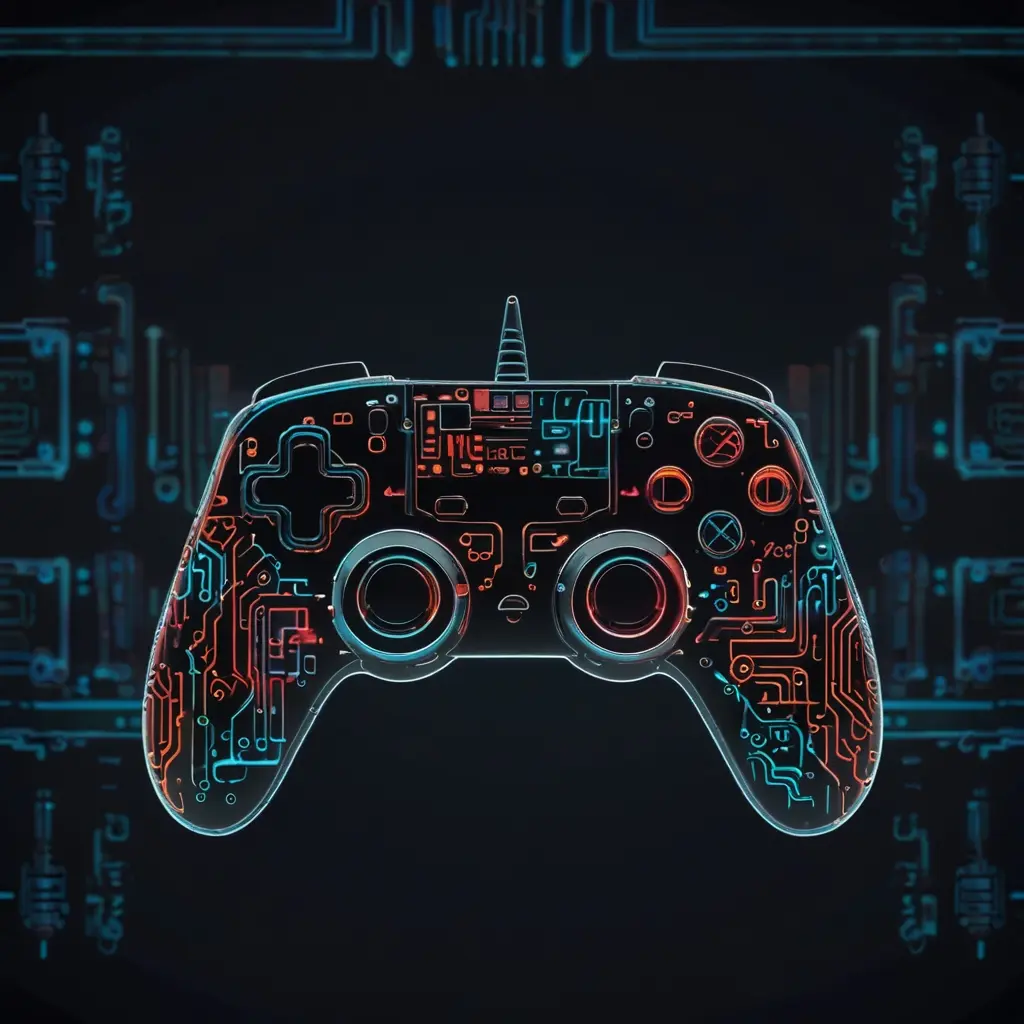 future-digital-productivity-tools-roosterlab Game controller and digital performance overlay showcasing Turbo Rooster DNS optimization