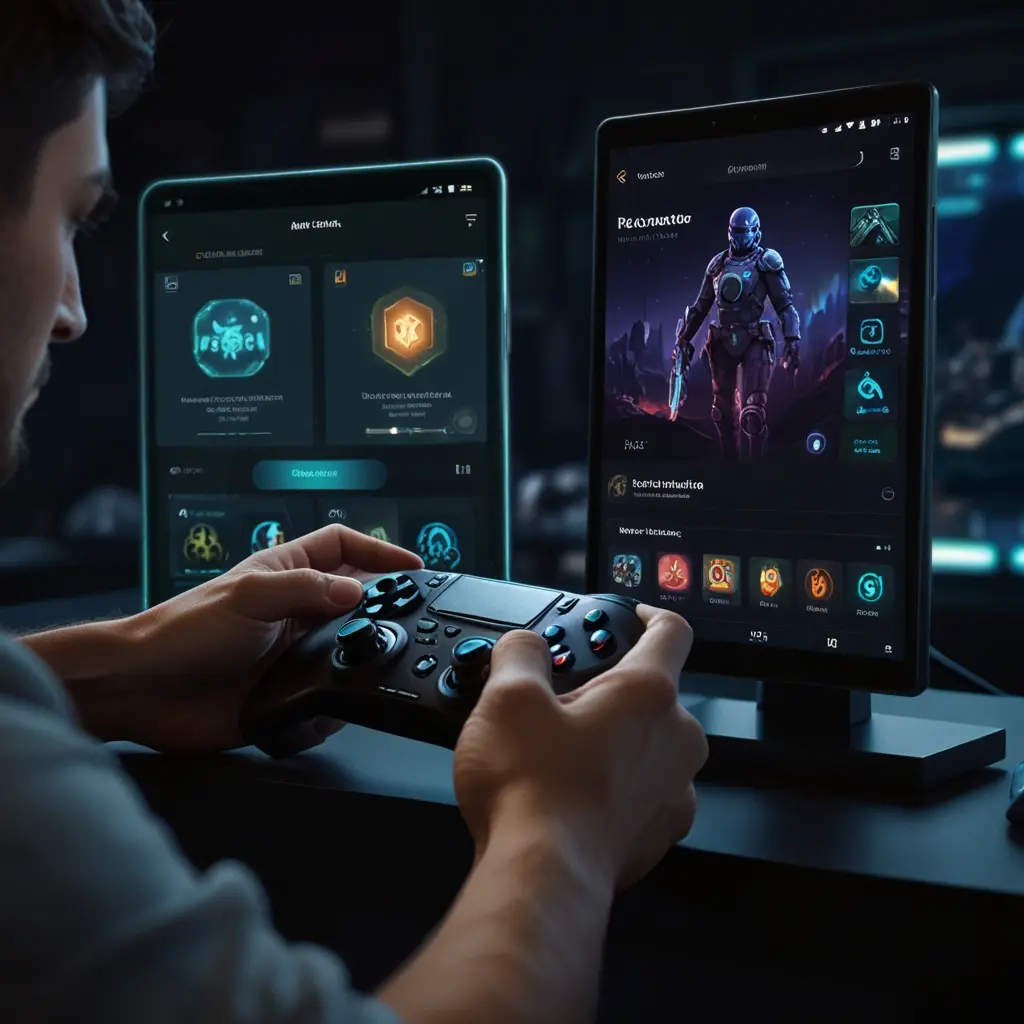 roosterlab-game-launchers-custom-performance-tools Gamer using a custom game launcher with performance features like network boost and optimization toggles