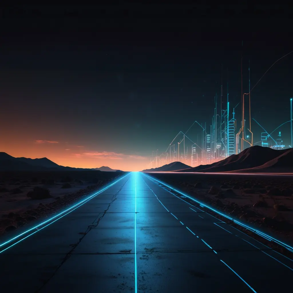 roosterlab-innovation-journey-tech-progress Digital pathway leading to bright tech future symbolizing RoosterLab’s innovation journey