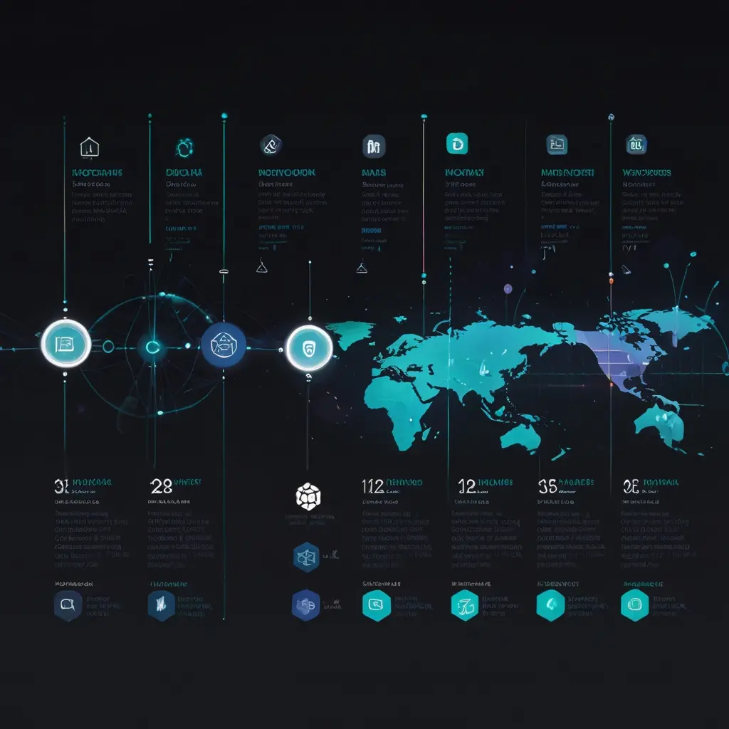 roosterlab-journey-innovation-creative-discovery Futuristic timeline showing RoosterLab's evolution from a small team to a global digital studio