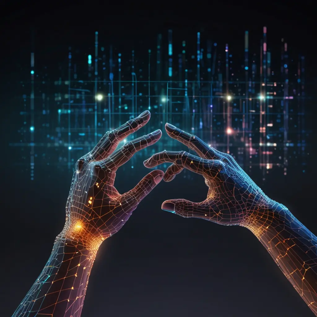 tech-partnership-collaboration-roosterlab Two digital hands connecting over a glowing tech interface representing partnership with RoosterLab