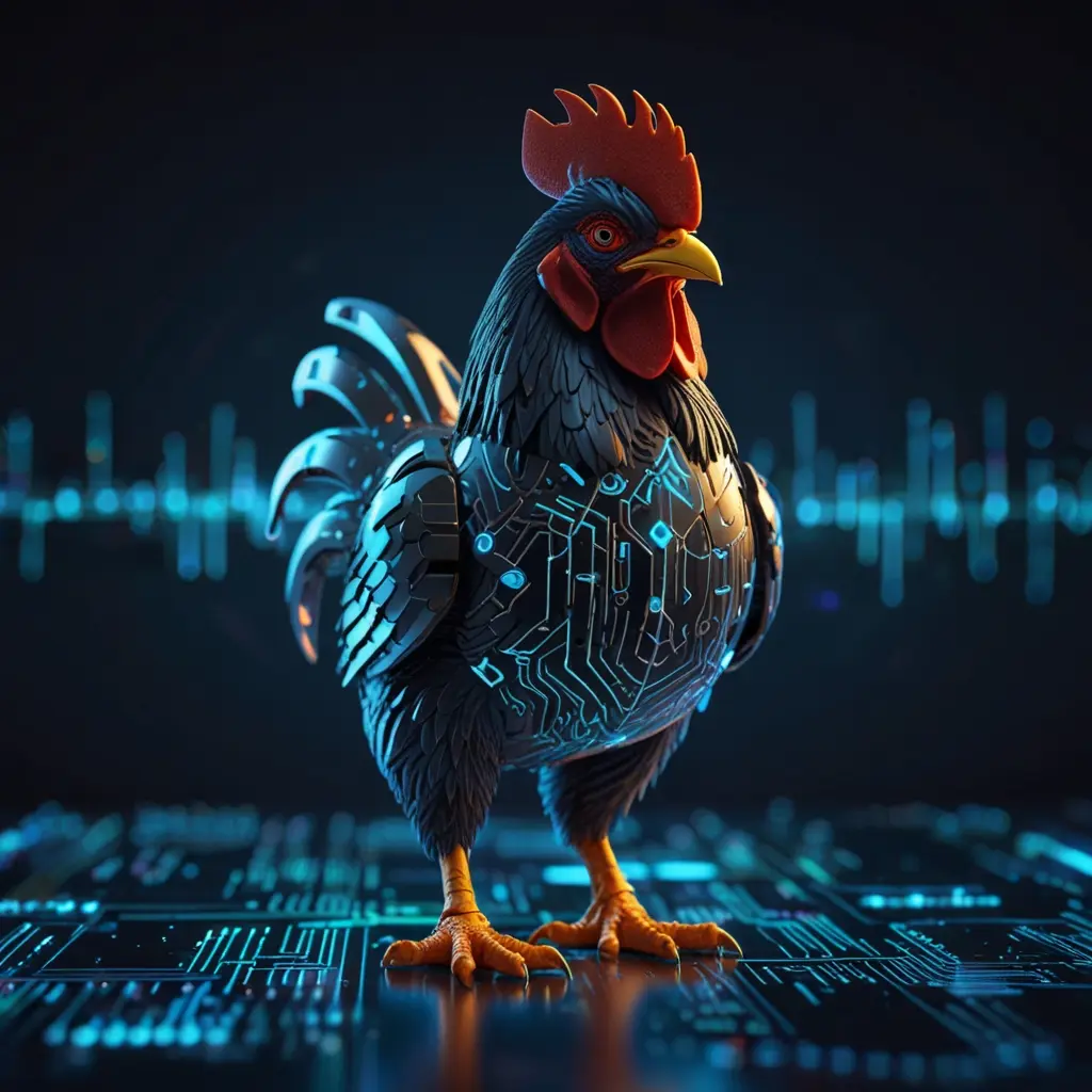 techy-rooster-mascot-digital-branding Futuristic rooster mascot with angular, high-tech design representing RoosterLab's digital identity